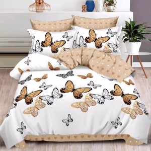 Lenjerie pat dublu,  FINET, 6 piese, cu ELASTIC, Alb-Bej, fluturi