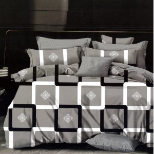 Lenjerie pat dublu,  FINET, 6 piese, cu ELASTIC, Gri, patrate