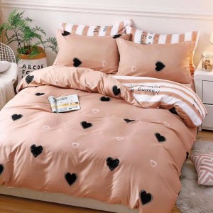 Lenjerie pat dublu, Finet Soft, cu ELASTIC, 4 PIESE, Maro, inimioare