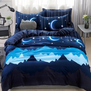 Lenjerie pat dublu, Finet Soft, cu ELASTIC, 4 PIESE, Albastru, munti, stelute