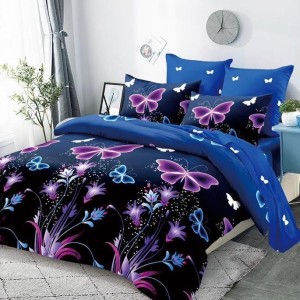 Lenjerie pat dublu, Finet Soft, cu ELASTIC, 4 PIESE, Mov, fluturi
