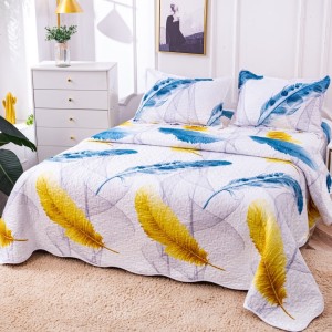Cuvertura pat dublu din Bumbac Satinat Superior, 3 PIESE, Albastru-Galben, pene