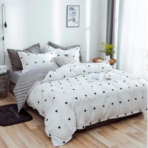 Lenjerie pat dublu cu doua feţe, bumbac satinat, 4 piese,  Alb, inimioare