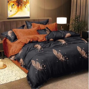 Lenjerie pat dublu, bumbac satinat,  cu elastic, Negru, pene