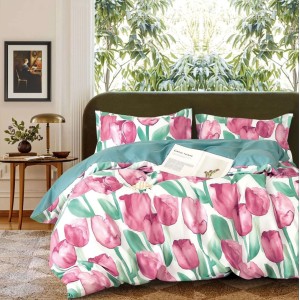 Lenjerie pat 1 PERSOANA, FINET, 4 piese, Verde, lalele