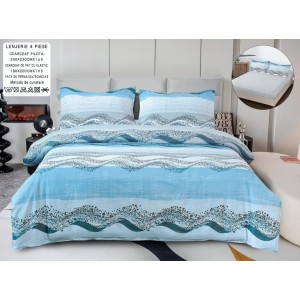 Lenjerie pat dublu, bumbac satinat,  Cearșaf cu ELASTIC 180x200cm, 4 PIESE, Bleu, valuri