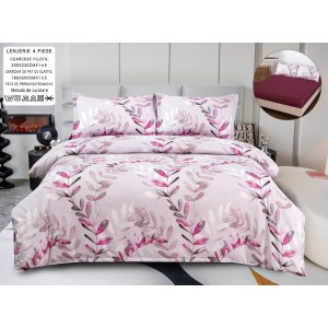 Lenjerie pat dublu, bumbac satinat,  Cearșaf cu ELASTIC 180x200cm, 4 PIESE, Roz, frunze
