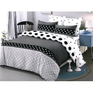 Lenjerie pat dublu,  FINET, cu elastic, 6 piese, Alb, Negru, Buline