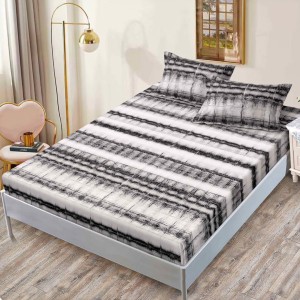 Cearsaf cu elastic, FINET, 160x200cm, 2 fete de perne 50x70cm, Gri, Dungi – confort și eleganță pentru patul tău