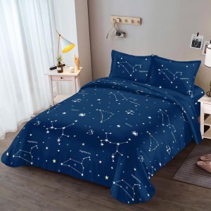 Lenjerie pat dublu, bumbac satinat,  cu elastic, Albastru, stelute