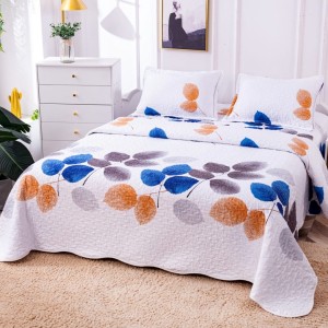 Cuvertura pat dublu din Bumbac Satinat Superior, 3 PIESE, Albastru, frunze