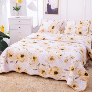 Cuvertura pat dublu din Bumbac Satinat Superior, 3 PIESE, Bej, flori