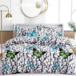 Lenjerie pat dublu, Finet Soft, cu ELASTIC, 4 PIESE, Gri, pietre, fluturi