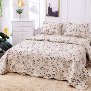 Cuvertura pat dublu din Bumbac Satinat Superior, 3 PIESE, Bej, frunze