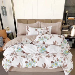 Lenjerie pat dublu,  FINET, 6 piese, cu ELASTIC, Bej, flori