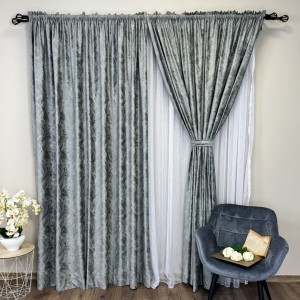 Set 2 bucati Draperie Catifea MYKONOS cu valuri rafinate aurii, Gri mediu - V4, 200cm latime x 2.5m inaltime, cu tiv lat