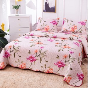 Cuvertura pat dublu din Bumbac Satinat Superior, 3 PIESE, Roz, flori