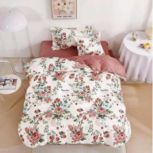 Lenjerie pat 1 PERSOANA,  FINET, 4 piese, cu ELASTIC, Roz pudra, flori