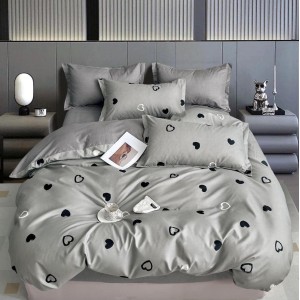 Lenjerie pat dublu,  FINET, 6 piese, cu ELASTIC, Gri, inimioare