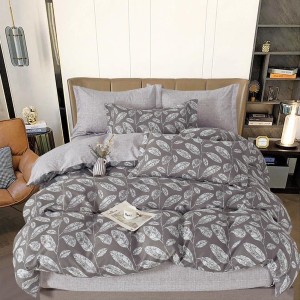 Lenjerie pat dublu,  FINET, 6 piese, cu ELASTIC, Gri, frunze