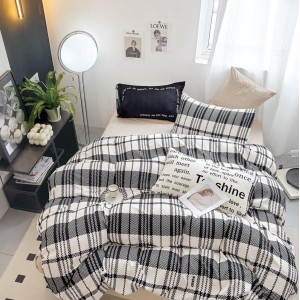 Lenjerie pat dublu,  FINET, 6 piese, cu ELASTIC, Gri, carouri