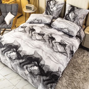 Lenjerie pat 1 PERSOANA, 4 piese, cu ELASTIC,  Gri, model marmura