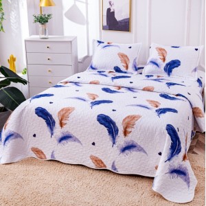 Cuvertura pat dublu din Bumbac Satinat Superior, 3 PIESE, Albastru, pene, inimioare