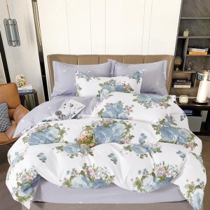 Lenjerie pat dublu,  FINET, 6 piese, cu ELASTIC, Gri, flori