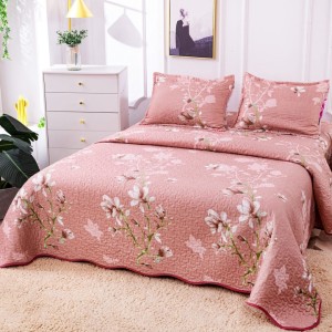 Cuvertura pat dublu din Bumbac Satinat Superior, 3 PIESE, Roz pudra, flori