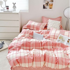 Lenjerie pat dublu,  FINET, 6 piese, cu ELASTIC, Roz, carouri