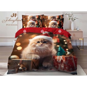 Lenjerie pat dublu, FINET, Digital Print, Craciun, Bej, Roșu, pisicuta Lenjerie pat dublu, FINET, Digital Print, Craciun, Bej, Roșu, pisicuta