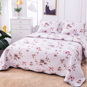 Cuvertura pat dublu din Bumbac Satinat Superior, 3 PIESE, Bej, flori, crengute