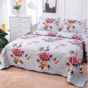 Cuvertura pat dublu din Bumbac Satinat Superior, 3 PIESE, Gri, flori