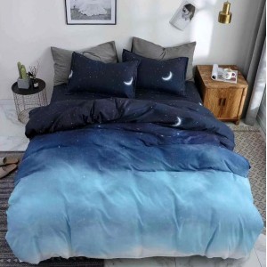 Lenjerie pat dublu cu doua feţe, bumbac satinat, 4 piese,  Albastru, stelute