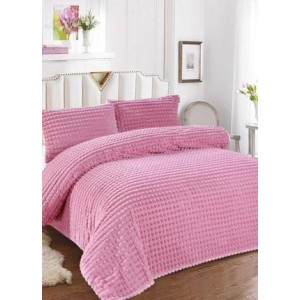 Lenjerie de Pat Dublu Premium Cocolino Teddy Bear, 4 Piese – Pluș Gofrat de Lux, Confort și Eleganță Suprema, Roz