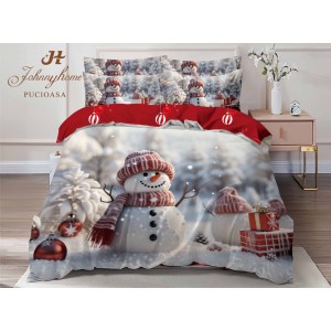Lenjerie pat dublu,  FINET, Digital Print, Craciun, Gri, Multicolor, om de zapada