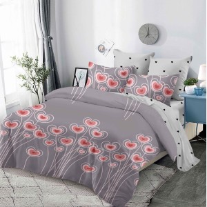 Lenjerie pat dublu,  FINET, cu elastic, 6 piese, Gri, inimioare