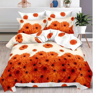 Lenjerie pat dublu,  FINET, 6 piese, Portocaliu, flori