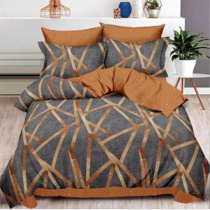 Lenjerie pat dublu,  FINET, 6 piese, cu ELASTIC, Maro, forme geometrice