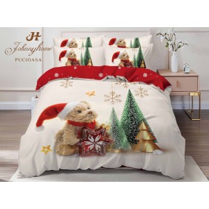 Lenjerie pat dublu,  FINET, Digital Print, Craciun, Crem, Multicolor, brăduți, ursulet