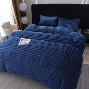 Lenjerie de Pat Dublu, 4 piese, Blăniță Artificială de Iepure Cocolino, Model Gofrat – Moale, Călduroasă și Elegantă pentru Nopți de Vis, Bleumarin