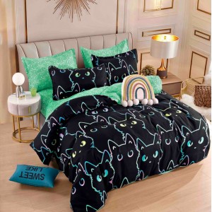 Lenjerie pat dublu,  FINET, 6 piese, Jojo Home, Negru, pisici