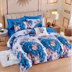 Lenjerie pat dublu,  FINET, 6 piese, cu ELASTIC, Jojo Home, Albastru, flori, fluturi