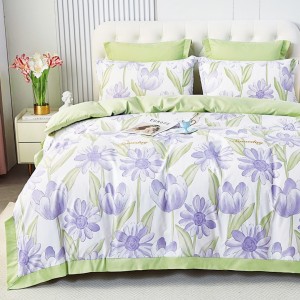 Lenjerie de Pat Dublu, Super Premium,  Finet Ranforsat – Set Exclusivist 6 Piese, Ambalat în Cutie de Lux, Alb, Vernil, Mov, flori