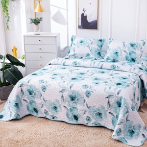 Cuvertura pat dublu din Bumbac Satinat Superior, 3 PIESE, Turquoise, flori