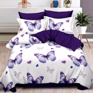 Lenjerie pat dublu,  FINET, 6 piese, cu ELASTIC, Mov, fluturi, inimioare