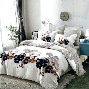 Lenjerie pat dublu,  FINET, 6 piese, Gri-Albastru, flori