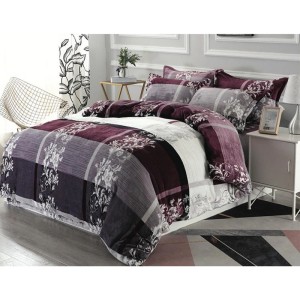 Lenjerie pentru Pat Dublu, Cocolino Premium, 4 Piese – Plușată, Groasă, și Călduroasă, Ideală pentru Iarnă –  Confort Maxim, Antișifonare, Mov, Gri, flori, patrate