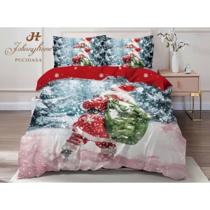 Lenjerie pat dublu,  FINET, Digital Print, Craciun, Gri, Roșu, Multicolor, Moș Crăciun, peisaj de iarna