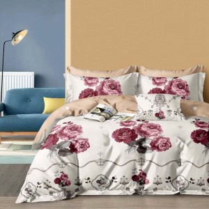 Lenjerie pat dublu,  FINET, 6 piese, cu ELASTIC, Crem-Purpuriu, flori